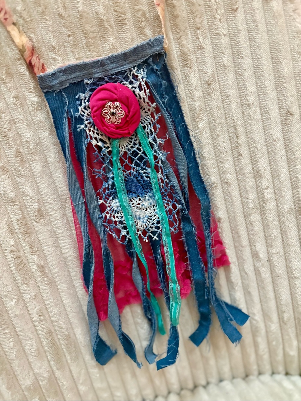 Upcycled Boho Jabot Collar Necklace Pink Flower Fringe Necklace